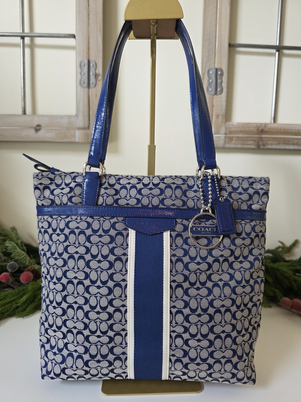 Coach Signature Stripe Tote Blue Jacquard Y2K Shoulder Bag